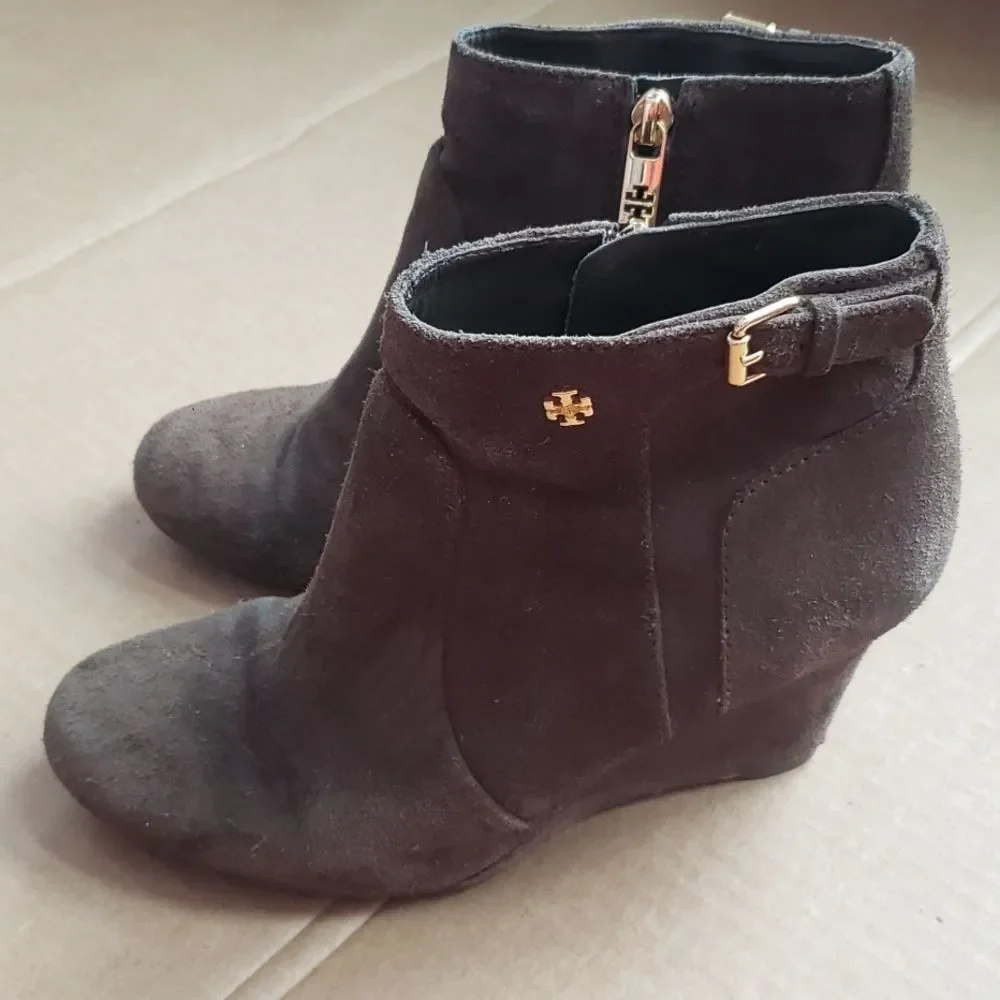 Tory Burch Shoe Womens 7.5 Brown Suede Wedge Ankle Booties Old Money Luxury